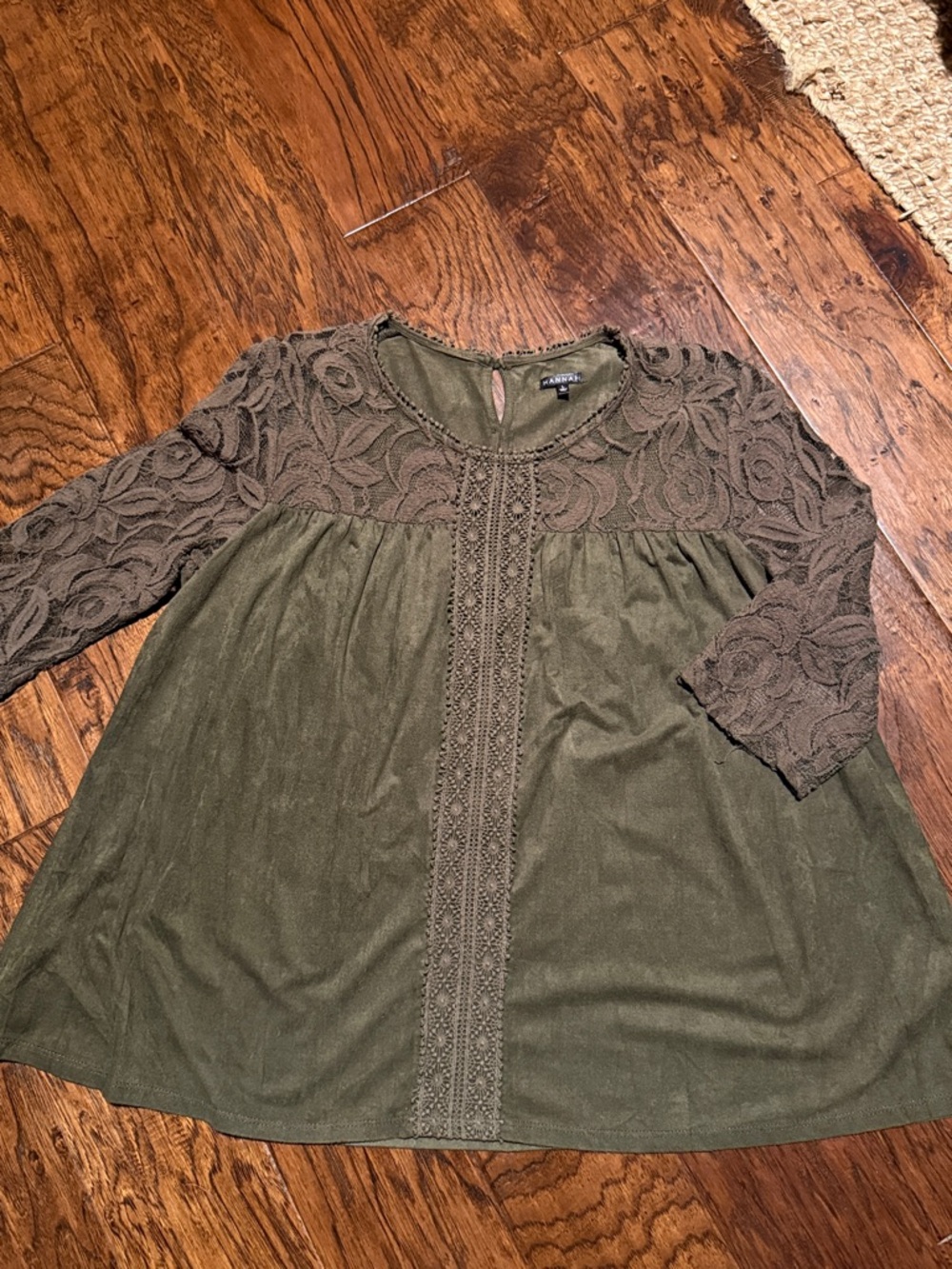 Hannah Olive Lace-Yoke Long Sleeve Top
